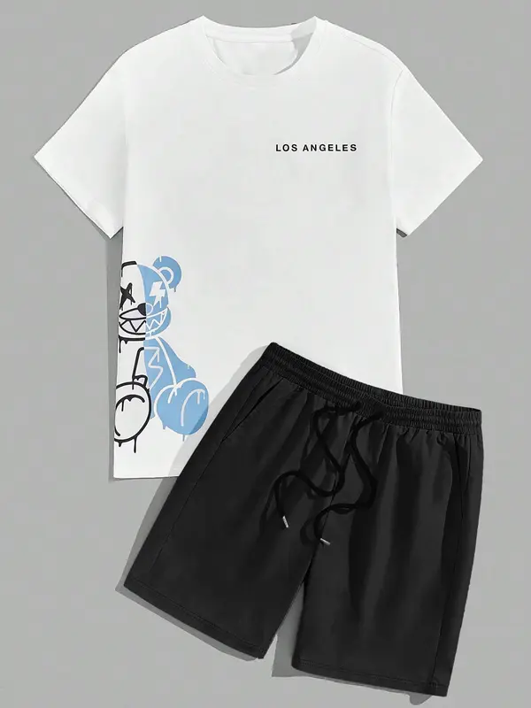 Two-Piece Set Men's Cartoon Bear & Letter Print Short Sleeve Tee & Shorts Set, Regular Fit Casual Round Neck T-shirt & Track Shorts, Summer Clothes Set for Men 1