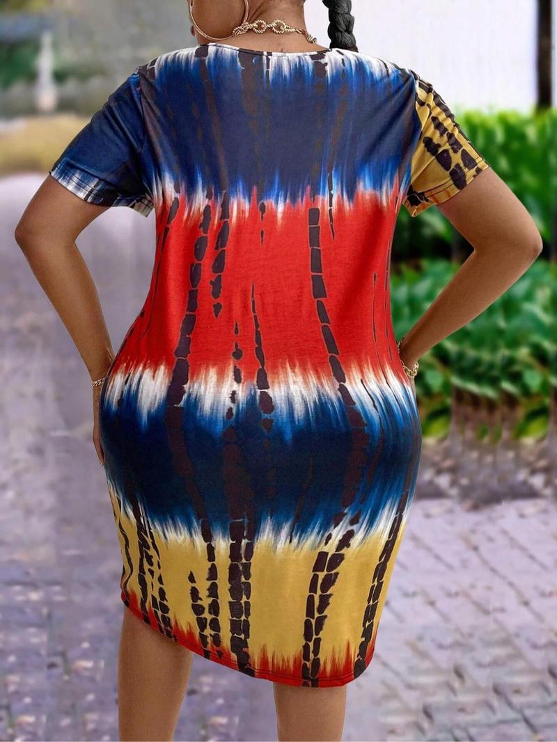 Product Introduction of Women's Plus Size Tie Dye Print Round Neck Tee Dress, Elegant Short Sleeve Crew Neck Dress for Summer, Fashion Women Plus Clothing for Daily Wear 2