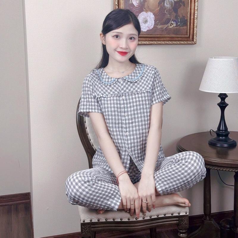 (38kg-68kg) Đồ bộ kẻ sọc quần dài cho Nữ, cổ sen phối ren vải kẻ lông mềm hàng thiết kế phối bèo bigsize Women Top Áo Quần Ngủ 3