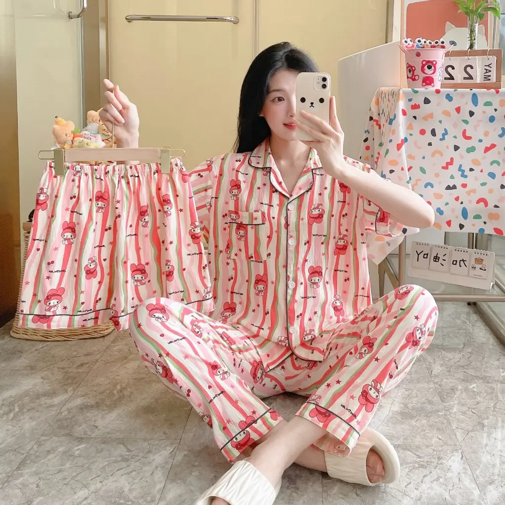 Piyama Set Wanita 3 IN 1 Lengan Pendek Bahan Poliyester Premium Kekninan Nyaman Pakai Bahan Adem Lembut Dan Tidak Kasar  - 012