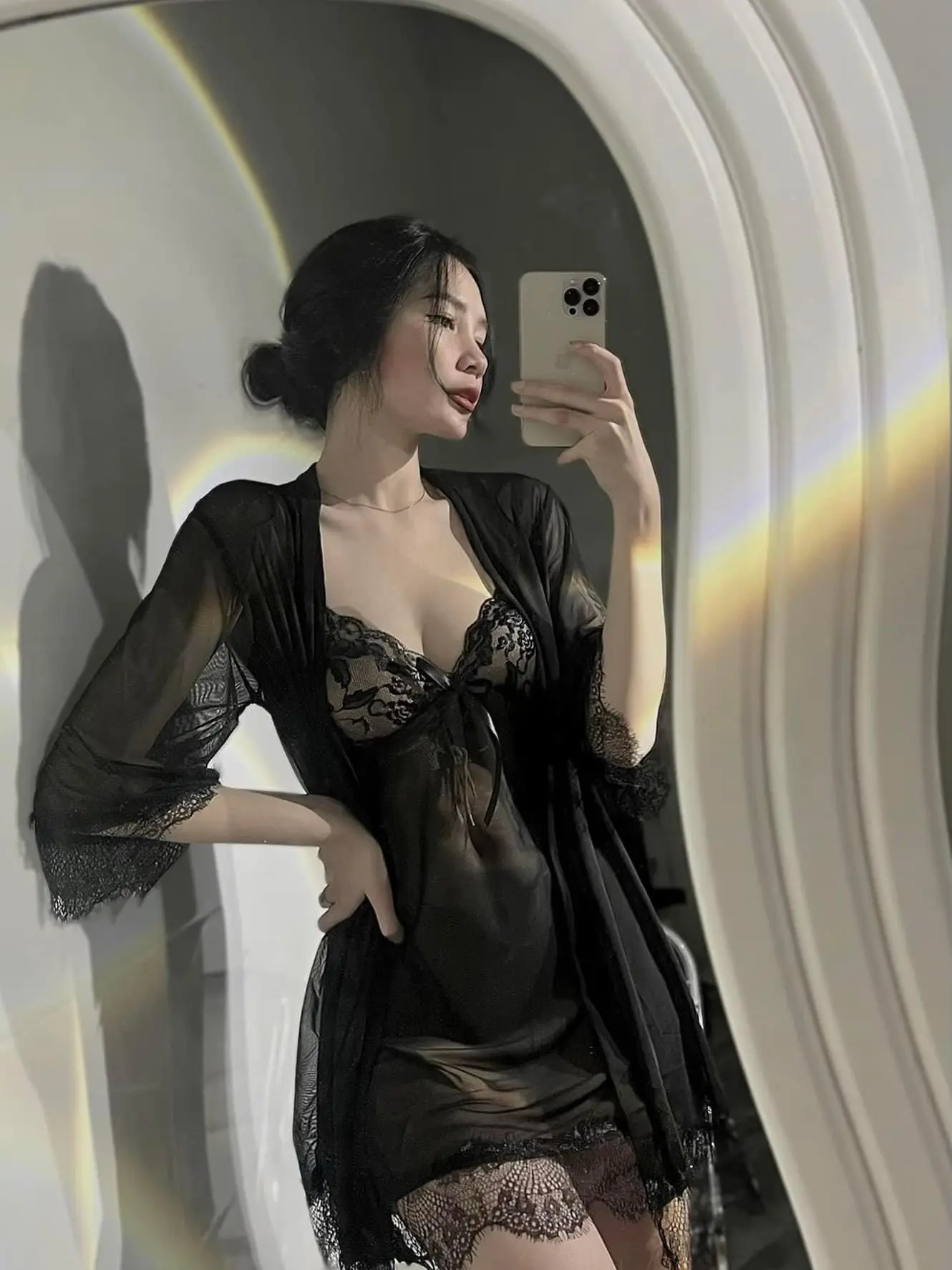S02. Set váy ngủ ren 2 dây kèm áo choàng có chip'