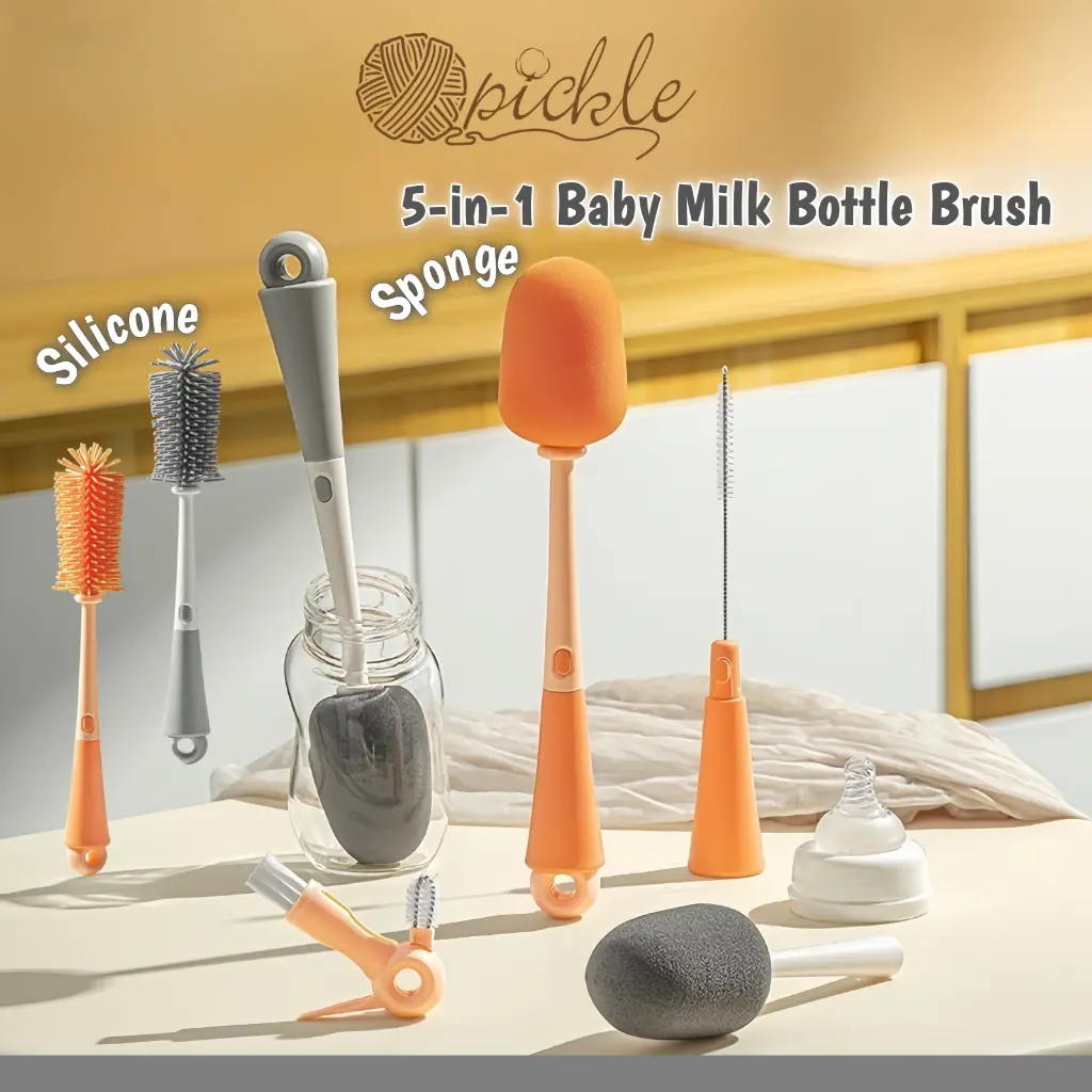 Hogokids 5-in-1 Baby Bottle Cleaning Kit Bottle Brush Sponge/Silicon Scrubber Straw Cleaner Gap Cleaner Silicone Removal