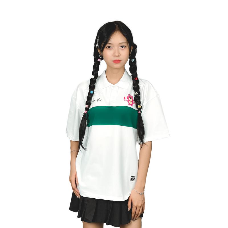 Áo polo  Ngắn Tay  phối sọc họa tiết gấu dâu Tay Ngắn (PL14) Menswear Top Có Cổ Áo Thun 3