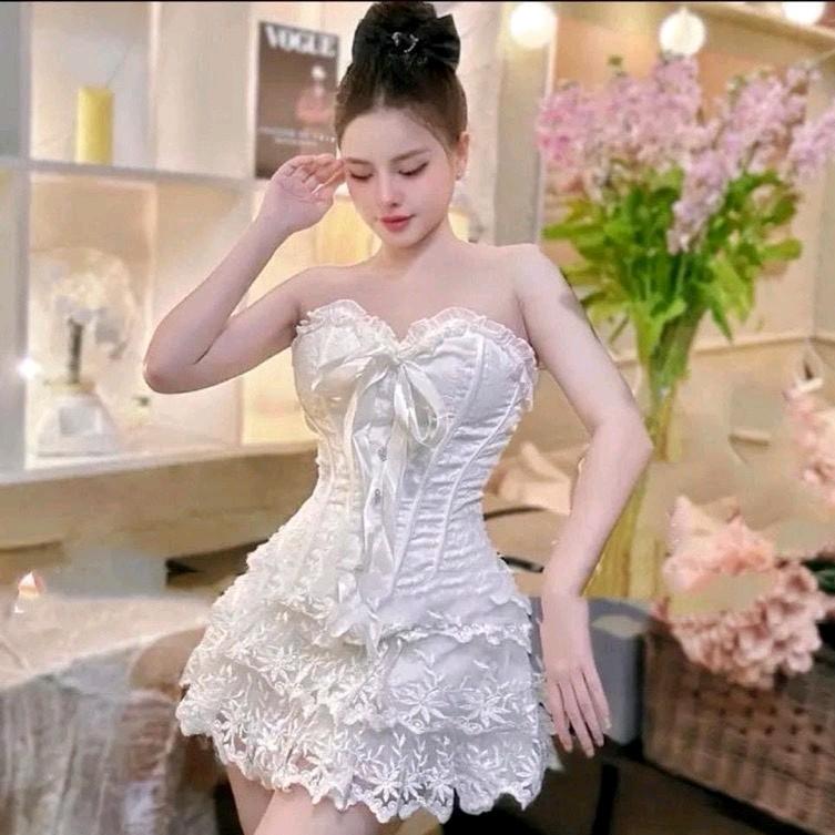 Set đồ nữ áo gấm cúp ngực chân váy ren tầng xoè Women Viền Ren Đen sét áo quây nơ viền bèo corset