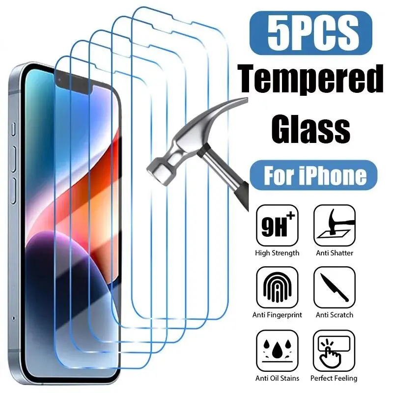 Kính Cường Lực, 5 Chiếc, Dành Cho iPhone 15, 14, 13, 12, 11, Pro Max, Bảo Vệ Màn Hình, Tương Thích Với iPhone 12Mini, 13Mini, 7, 8, 14 Plus, SE, X, XS, XR, Chất Liệu Kính