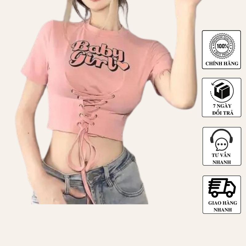 Áo croptop ngắn tay cổ tròn in chữ Baby Girl siêu tôn dáng, áo thun nữ rút dây gợi cảm-A151