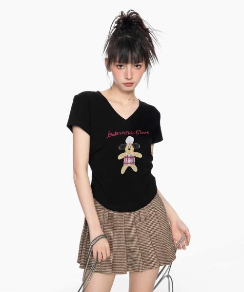 thun Croptop nữ Rút sườn cổ V In Hình ANHSTORE-1608 - Women Cổ Tròn áo baby tee Nhung Cotton áo baby đen hoa văn bạc vui nhộn áo thun Kem