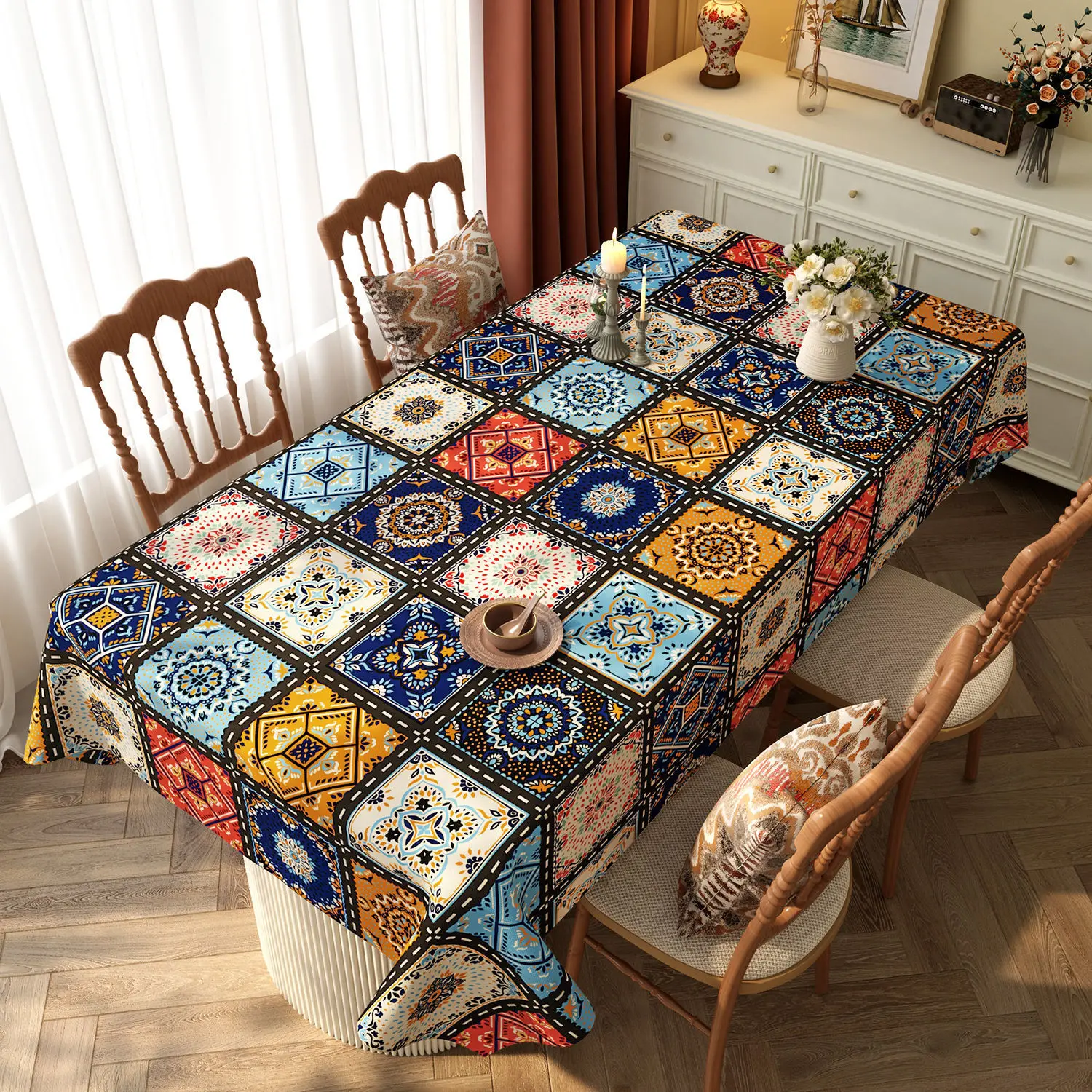 Alas meja rumah, gaya bohemian, sesuai untuk menghias meja kopi, licin dan lembut, mesra alam dan tidak berbau, bebas basuh dan bebas warna. Textiles