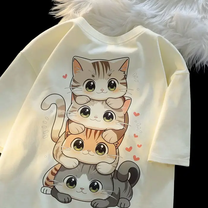 2025 NEW Cute Cartoon Cat Print Women's Round Neck Short Sleeved T-shirt Casual Loose Versatile Summer Tshirt