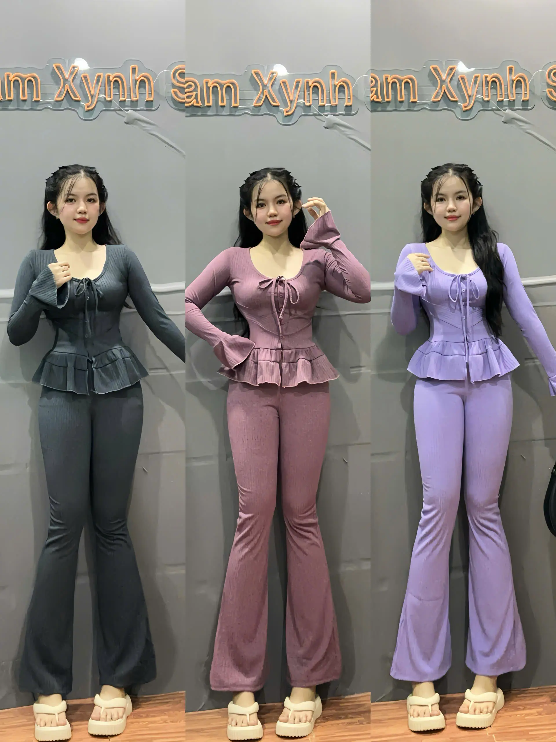 Bộ Thun tăm đũa QC tay dài kèm quần ống loe thời trang cho Nữ - Women Kem Áo