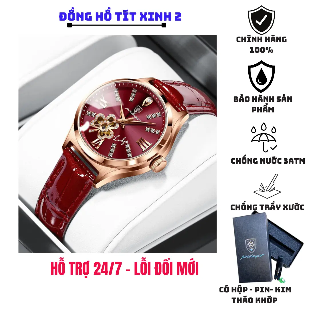 Đồng nữ dây da cao cấp chính hãng Poedagar trang trí cỏ ba lá, các múi giờ được đính đá, chống nước chống xước