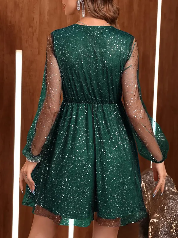 Women's Glitter V Neck Wrap Sheer A Line Dress, Elegant Long Sleeve Short E Fancy Dress Women for Party Cocktail Prom, Ladies Spring & Fall Clothes, Fancy Dress Adult 6