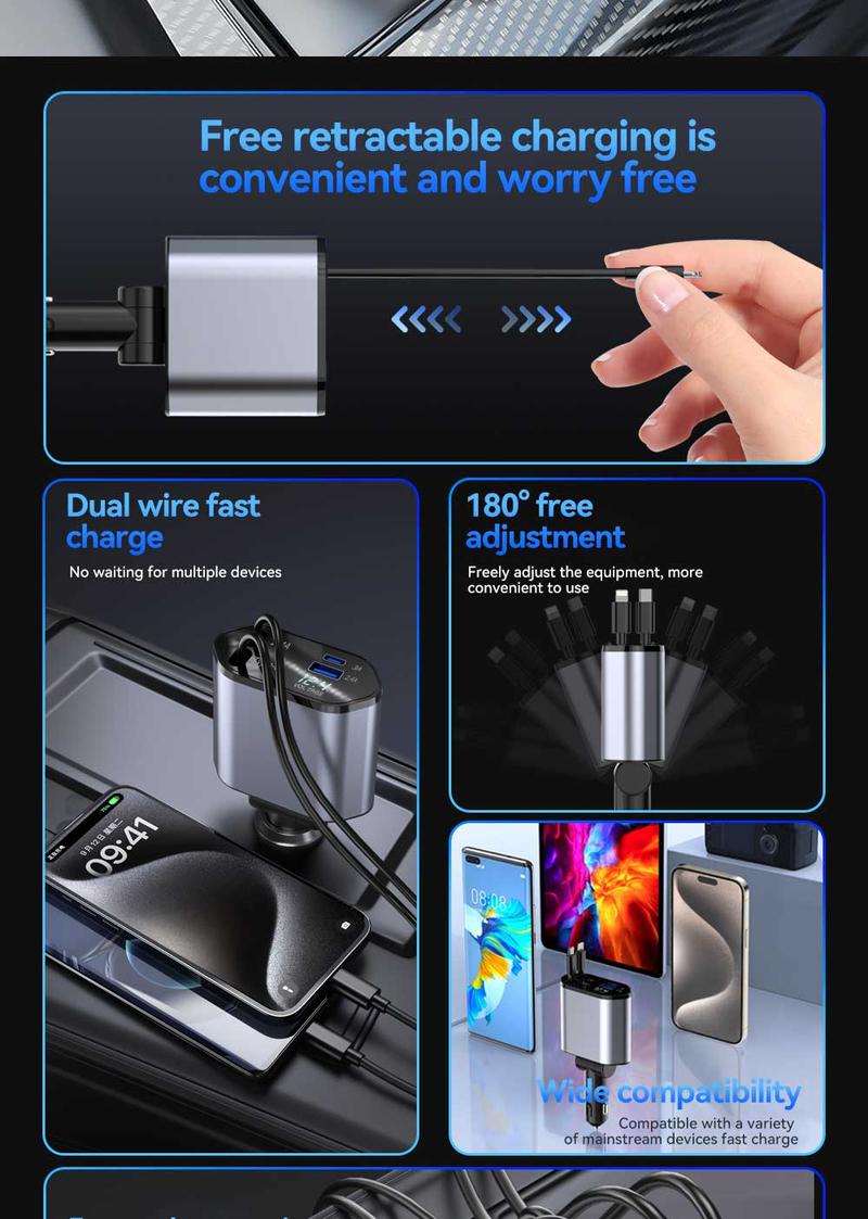 Product Introduction of new 120W multi-functional car charger for car charging elastic recovery for Apple jack and Typr-C with numerical display direction adjustable multi-port work simultaneously luggage  holder universal  travel tessan  travel Ultra-Fast Multi-Device Type C 7