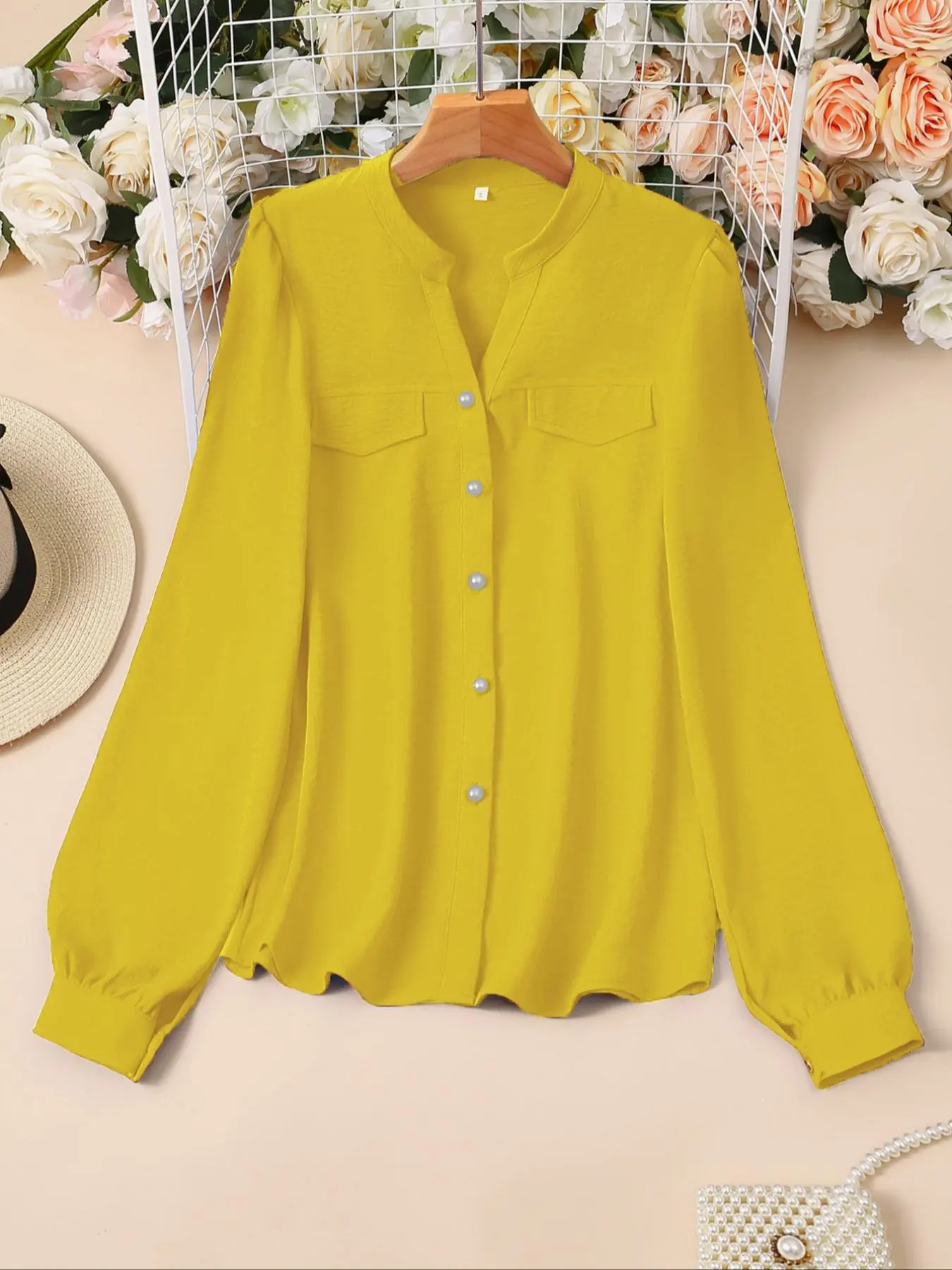 Women's Plain Notched Neck Bishop Sleeve Blouse, Casual Flap Detail Long Sleeve Top for Daily Wear, Ladies Clothes for All Seasons Valentine's Day, gift