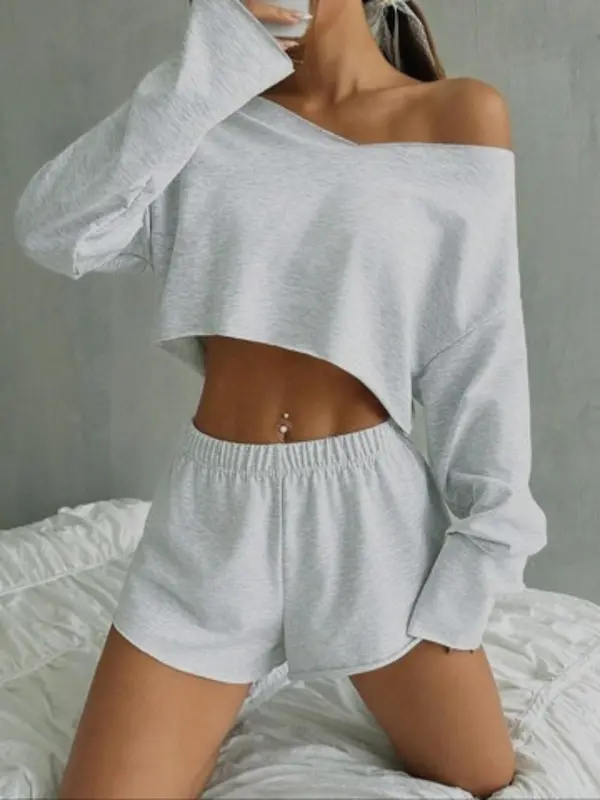 Women's Solid Crop Top & Shorts Two-piece Set, Casual Fashion Cozy V Neck Long Sleeve Top & Shorts for Daily Outdoor Wear, Ladies Two-piece Outfits for All Seasons 0