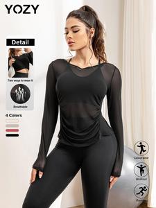 YOZY-GOOO Women's Solid Ruched Sheer Sports Tee without Inner Top, Sporty Long Sleeve Top for Yoga Gym Workout, Ladies Sportswear for Spring & Fall