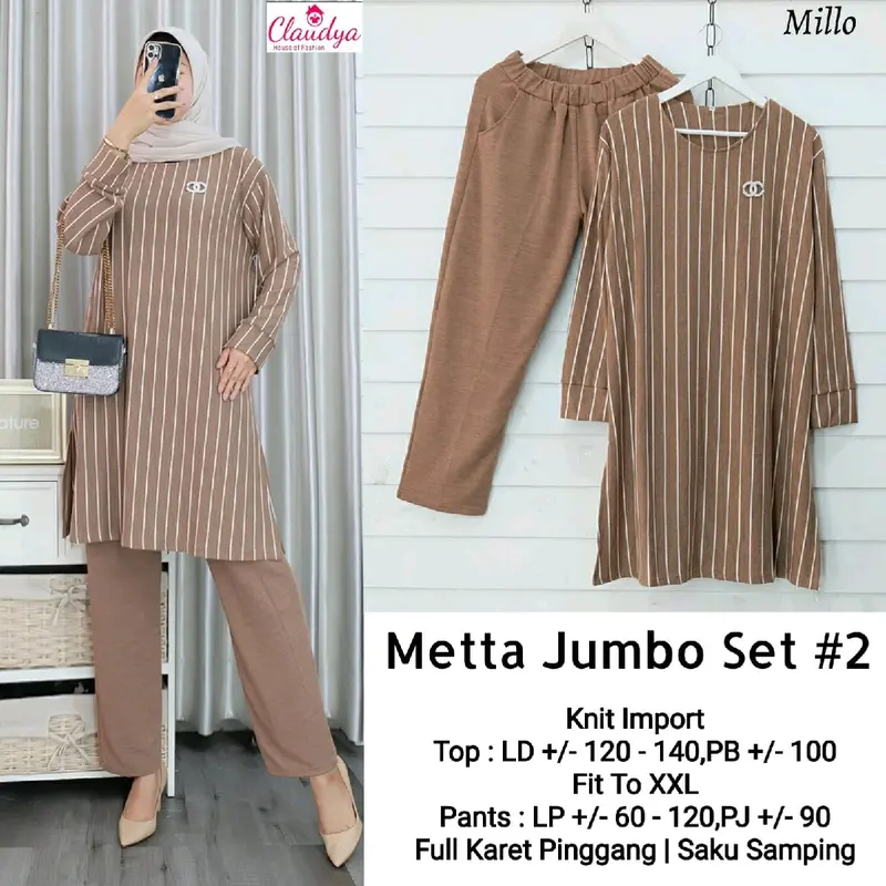 Metta jumbo setelan celana dan tunik knit import tebal halus premium by claudya 1