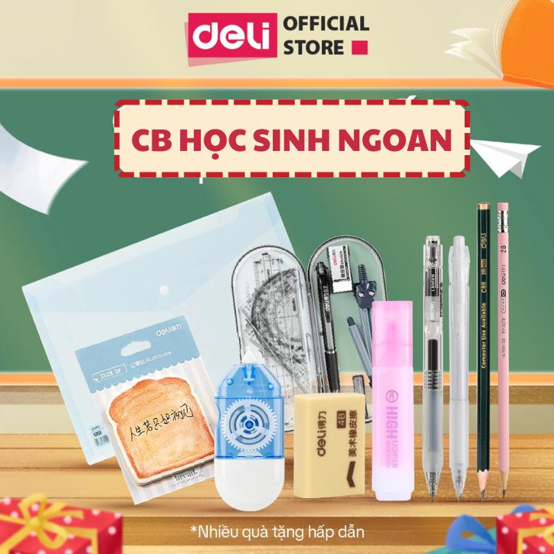 Combo Học Sinh Ngoan Deli - Set 20 món 8 Dụng Cụ Hình Học, Bút Chì, Thước Kẻ, Compa, Eke, Ngòi, Tẩy, Bút Gel, Bút Xóa Băng - Tặng Kèm Túi Đựng Tài Liệu chuyên dụng cho học sinh đi học, đi thi