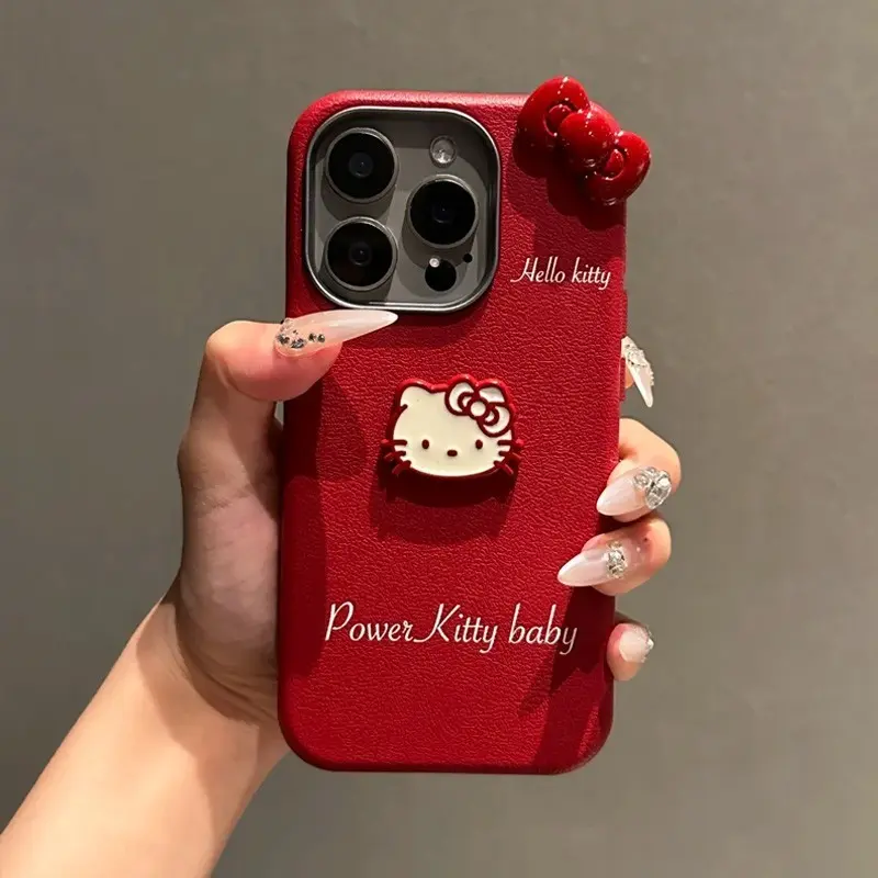 Ốp Điện Thoại HelloKitty, Da Đỏ Cổ Điển Màu Đỏ Ba Chiều, Dành Cho iPhone 16, 15, 14, 13, 12, 11, Pro Max, X, Xr, Xs Max, Chống Sốc, Ốp ốp Mềm Sáng Tạo 0