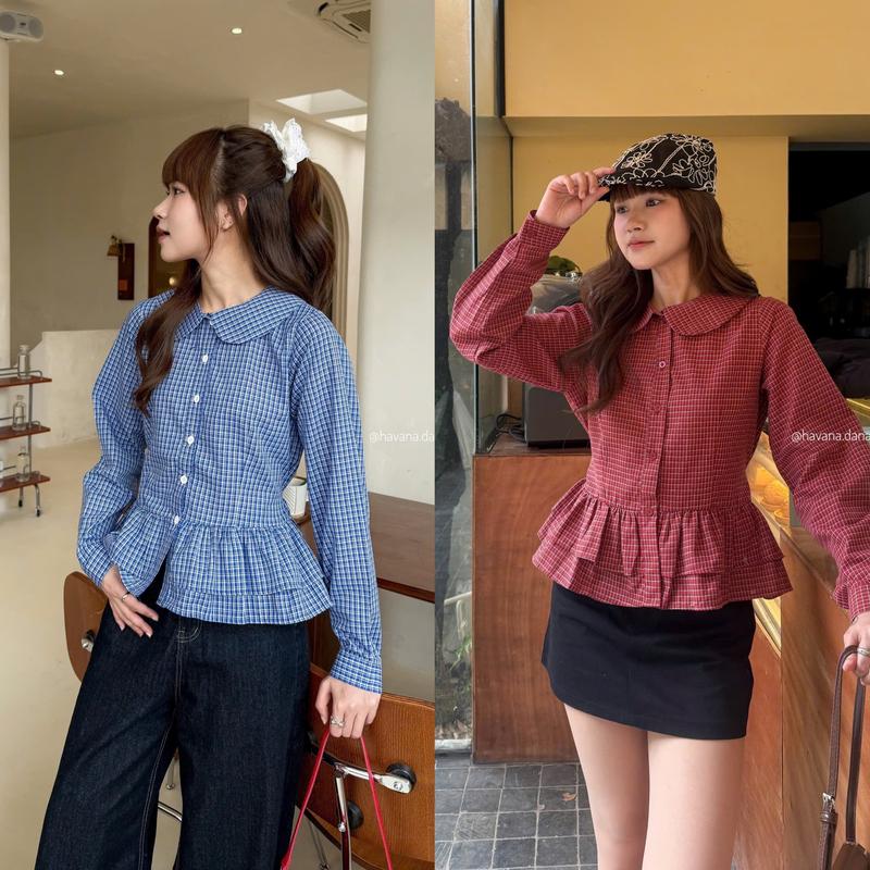 Áo sơ mi kiểu nữ cổ sen phối bèo có dây buộc điều chỉnh eo HAVANA AO406