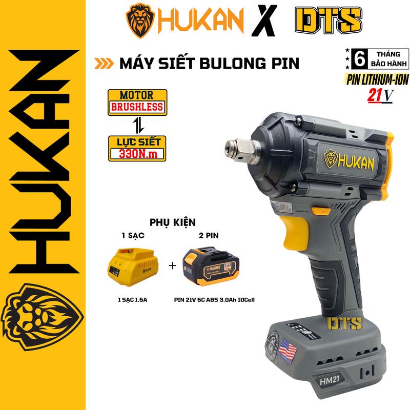 Máy siết bulong pin 21V HUKAN BODY HM21-IW-X4IMP 3 cấp chỉnh tốc, lực siết 330N.m | Máy siết bulong 2 đầu trong 1 - Động cơ không chổi than - Đèn LED hỗ trợ - Chân pin phổ thông
