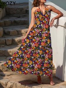 YOZY Women's Floral Print Halter Neck Dress, Boho Sleeveless Long Dress for Beach Holiday Vacation, Ladies Clothes for All Seasons