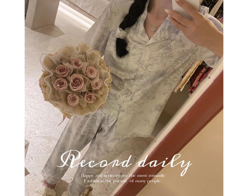 Product Introduction of Mã 10 - Pijama mặc nhà dài cho nữ họa tiết ghi đá- Bộ ngủ mặc nhà cao cấp hàng quảng châu cho nữ Women Áo Quần Ngủ 3