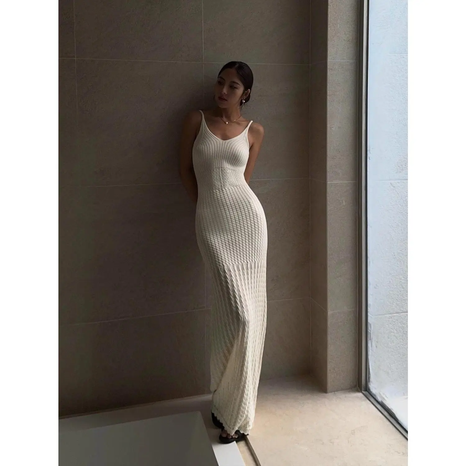 High-end Elegant Knitted Dress New Style Strap Long Dress for Women Inner  Temperament Slim Fit