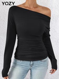 YOZY Women's Plain Ruched Asymmetrical Neck Tee, Casual Long Sleeve T-Shirt for Daily Wear, Ladies Clothes for All Seasons