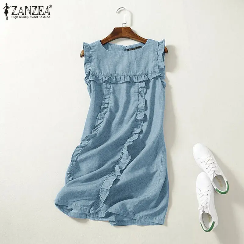 Váy Denim ZANZEA, Phong Cách Hàn Quốc, Dành Cho Nữ, Thường Ngày, Không Tay, Cổ Vuông, Xếp Nhún, Kiểu Váy Xòe Mini, Ghép Nối, Thích Hợp Cho Mùa Hè 0