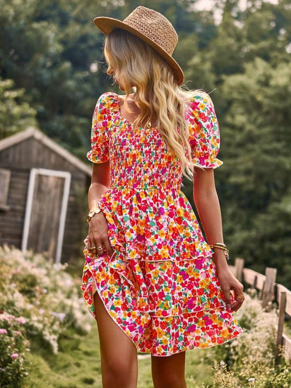 Women's Ditsy Floral Print Off Shoulder Shirred A Line Dress, Summer Clothes Women, Puff Sleeve Tiered Layer Ruffle Short Dress for Beach 4