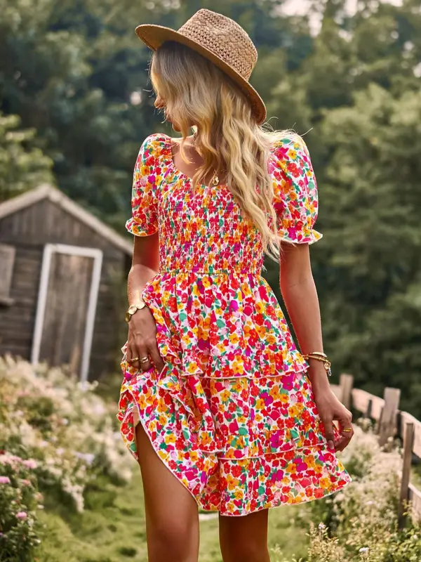 Women's Ditsy Floral Print Off Shoulder Shirred A Line Dress, Summer Clothes Women, Puff Sleeve Tiered Layer Ruffle Short Dress for Beach 4