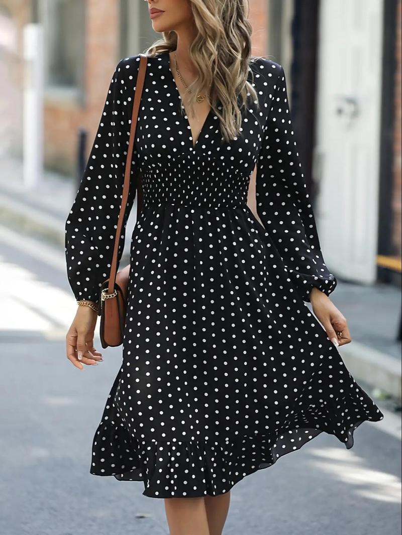 Product Introduction of Women's Polka Dot Print Ruffle Hem A Line Dress, Casual V Neck Bishop Sleeve Knee Length Dress for Summer, Fashion Women's Dresses for Daily Wear 8