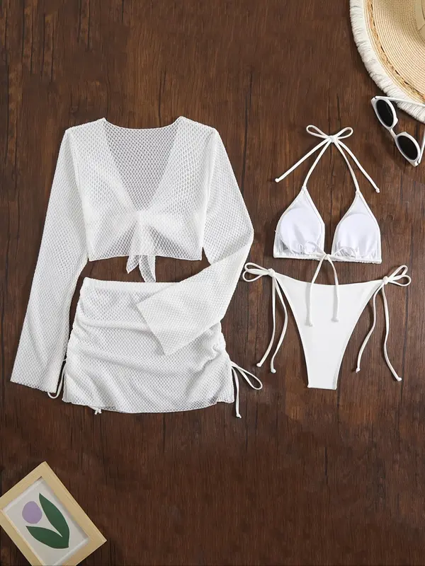 Women's Solid Cover Up Top & Tie Side Swim Panty & Cover Up Skirt & Swim Bra Set, Casual Fashion Swimwear Set for Beach Holiday Vacation, Ladies Swimsuit for All Seasons, Bikinis Sets 1