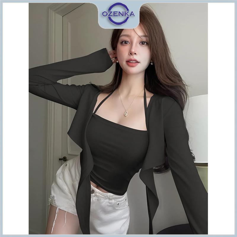 Product Introduction of Áo croptop kiểu tay dài ôm nữ sang chảnh OZENKA , áo dệt kim nữ xinh phong cách nhẹ nhàng cột dây mặc đi chơi đi cà phê 30
