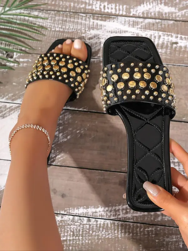 Women's Fashionable Studded Decorated Slide Sandals, Casual Comfortable Flat Sandals for Summer, Lightweight Breathable Shoes for Daily Wear, Girl 1