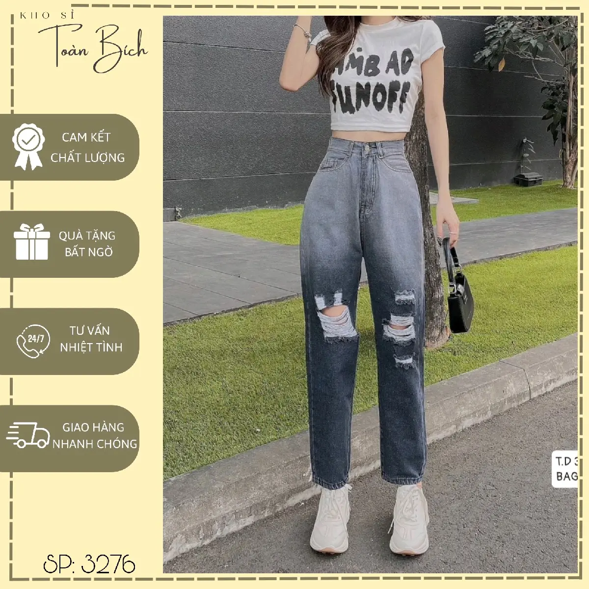 Quần baggy jean nữ xám đen loang rách 3276 Denim