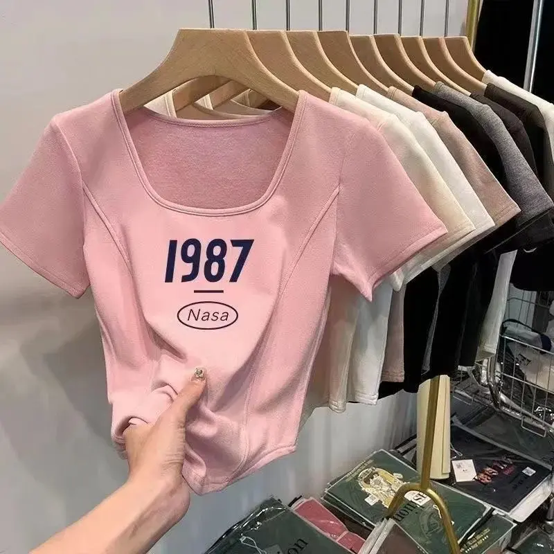 Áo Thun Ôm Sát Ngoại Cỡ Cổ Vuông, ngắn Tay, Dành Cho Phụ Nữ, Thiết Kế In Hình, Viền Cong, Áo Ngắn Nhỏ, Hợp Xu hướng, Có Sẵn Trong 652 Yêu Thích Top Women 2