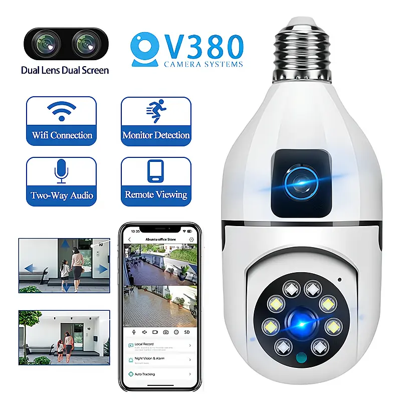 [Eksklusif]Yamiya V380 Pro CCTV Indoor Dual Camera HD Wi-Fi BULB PTZ Lensa  Ganda Kamera keamanan A16C CCTV SD Card 32G