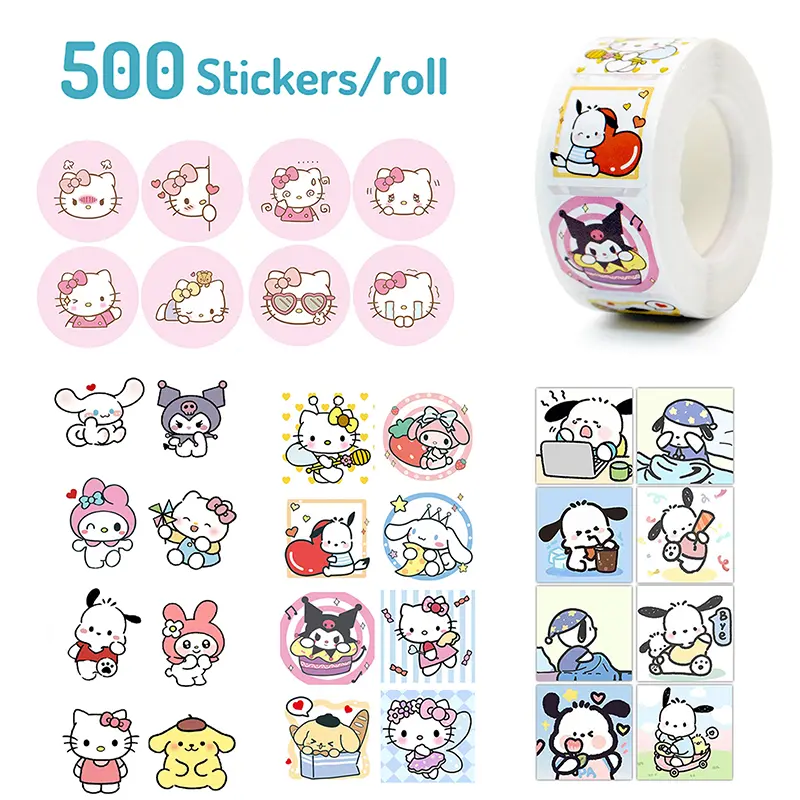 500Pcs/Roll Cartoon Sanrio Sticker Hello Kitty Kuromi Melody Hand Account Decals Gift Bag Sealing Sticker Baking Label