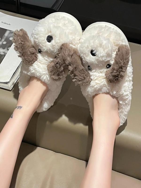 Cute Dog Design Plush Slippers, Casual Soft Comfortable Home Slippers for Fall & Winter, Flat Heel Soft Bottom Slippers for Indoor & Outdoor 3
