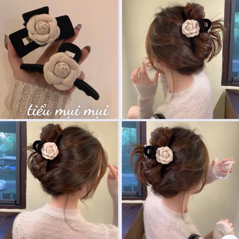 Sét 2 chiếc kẹp nhung đen hoa trà Cài Tóc Women Voi