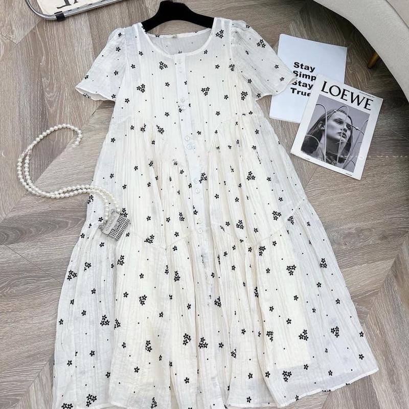 Váy bầu hoa nhí 3 tầng 2 lớp dáng dài tay cánh tiên siêu xinh Màu Trắng Nữ Women