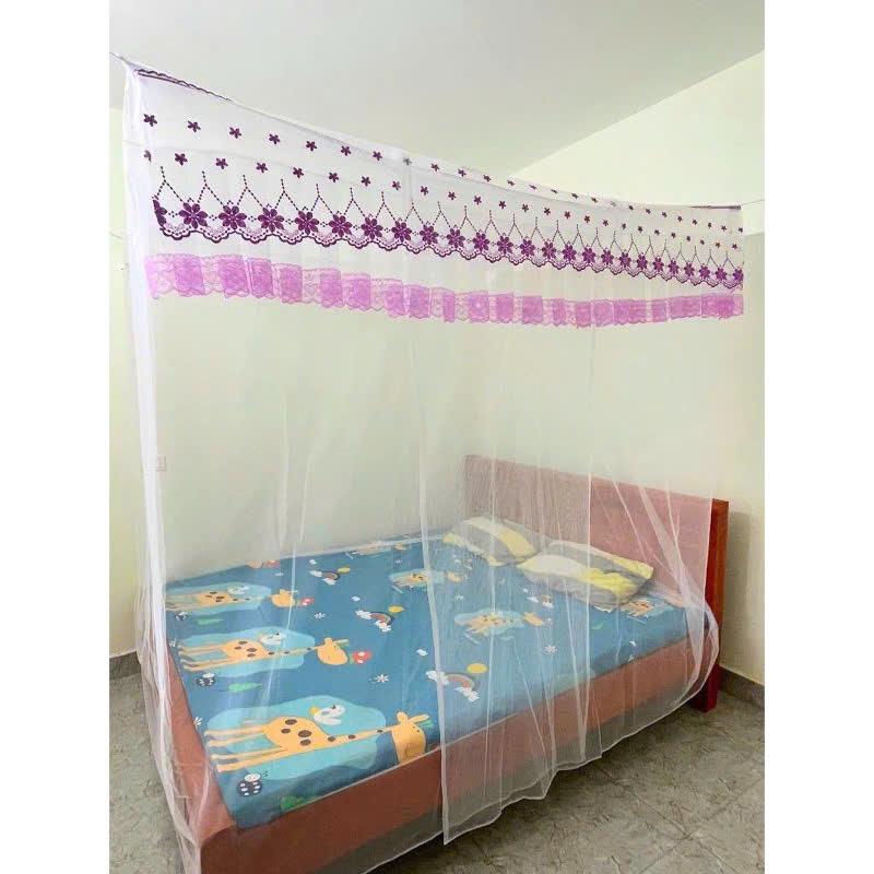 Màn Dây Tuyn Thái Mắc 4 Góc - Mắc Màn Khung Họa Tiết Thêu Hoa Đẹp Mắt - Xưởng Màn Huy Hoàng bao trùm man mềm trắng 2