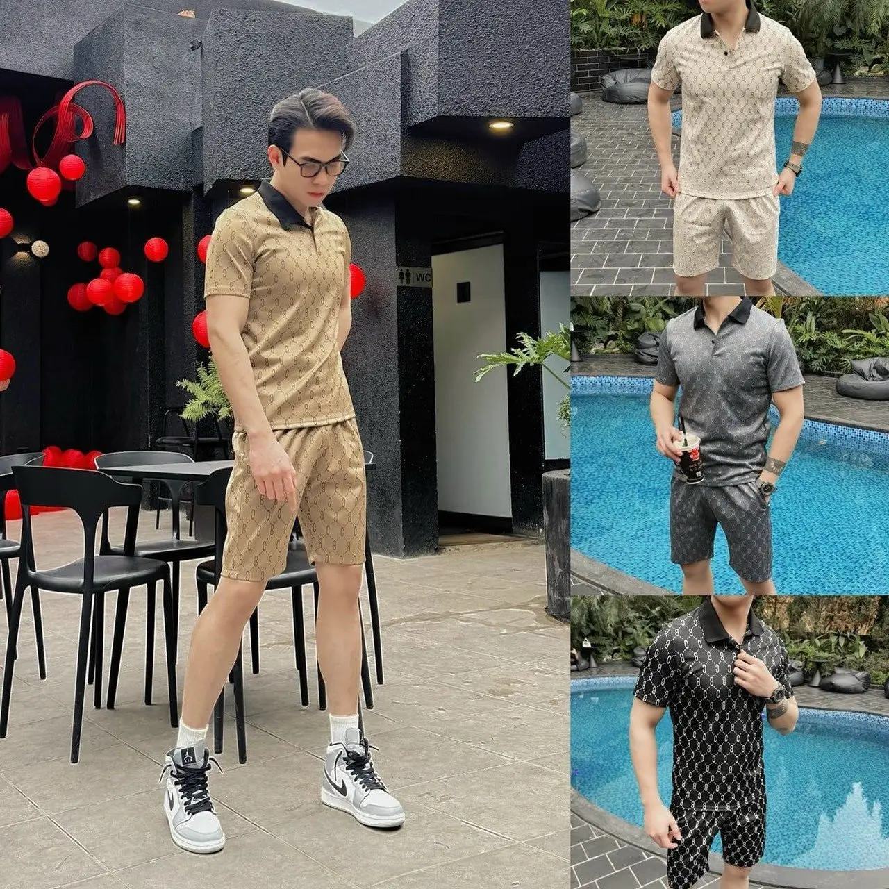 Bộ quần áo nam mùa hè cổ bẻ ngắn tay chất vải cotton chéo dập vân chữ BC Polo