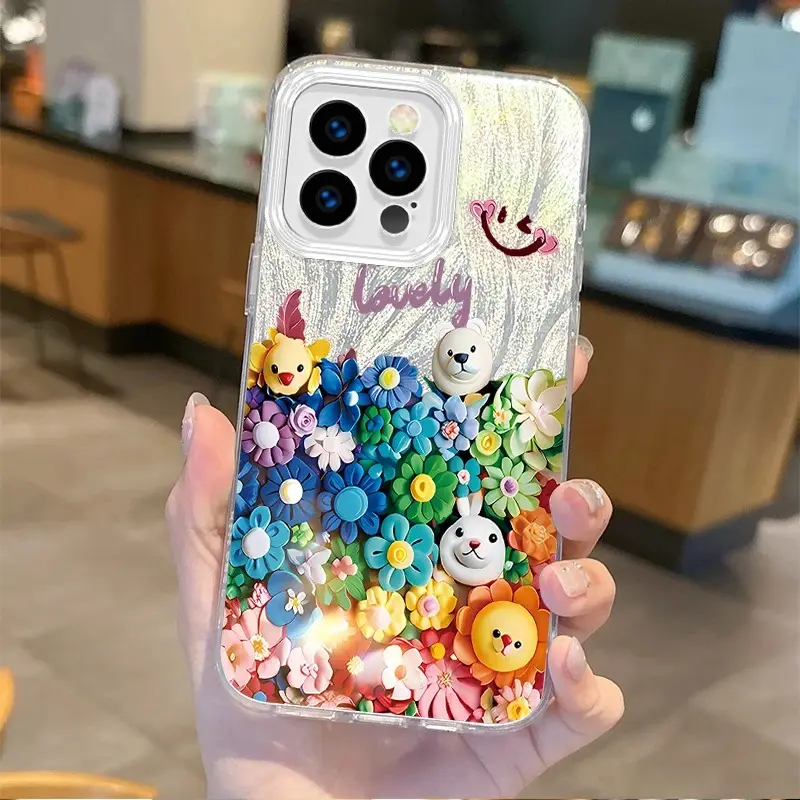 iPhoneケース　両面スタッズ　フラワー×クロス 国内発送・即日発送対応」スマイル＆フラワー iPhoneケース｜カラフル