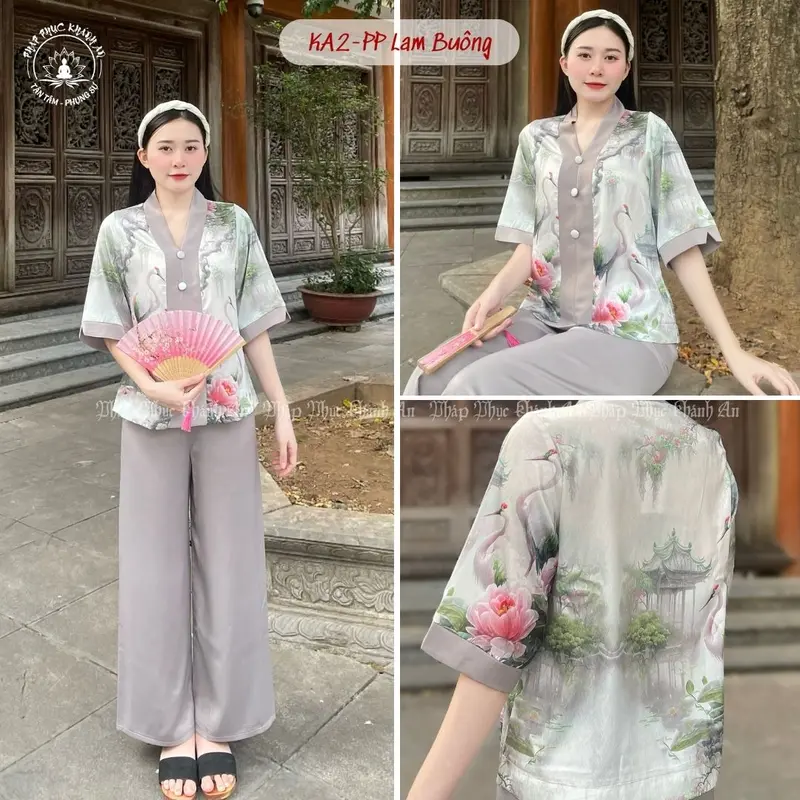 KA2- Bộ Lam Ba Cúc Tay Lỡ Lụa Vân Gỗ Cao Cấp Mẫu Mới Pháp Phục Khánh An Nữ Áo 2