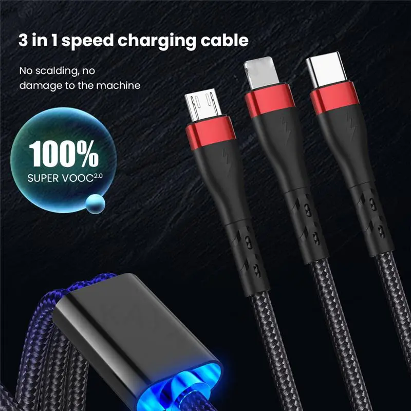 （PP-Centre）  3 in1 siêu nhanh Cáp sạc 6A với đèn báo nylon bện dòng dữ liệu cáp USB để IOS Android Loại C cho điện thoại 5