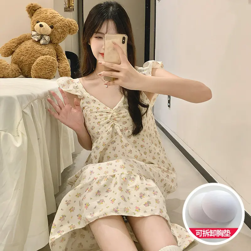 Women's Summer Nightdress with Chest Pads Sweet Floral Flutter Sleeves Sling Cotton Pure Cute Mid-Length Sleepwear Sensual Homewear