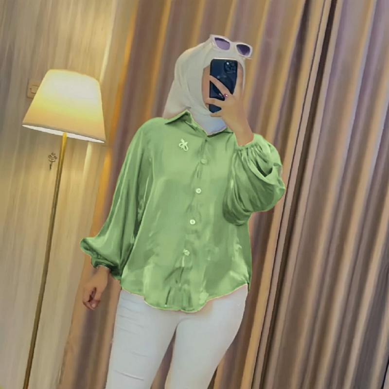 Thalia kemeja shimmer atasan polos glitter lengan balon Jumbo size M - 2XL Cantik Formal Katun Motif Panjang Silk Wanita 9